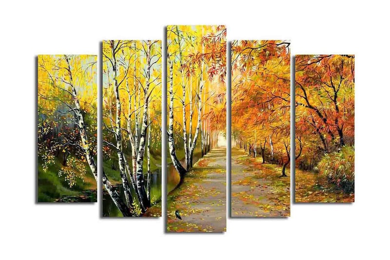 Stort lerretsbilde i 5 deler 105x70 cm - Vakkert høstlandskap med fargerike trær langs en tursti - Gul / Oransje / Grønn - Interiør - Maleri & posters - Lerretsbilder