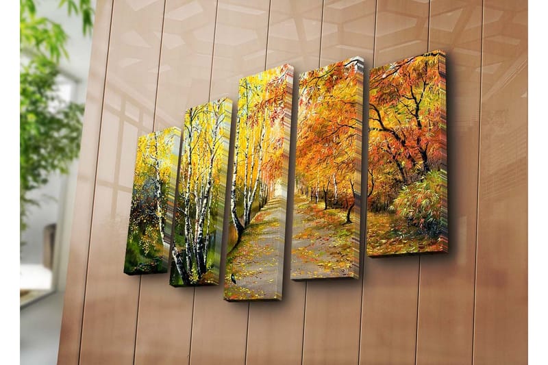 Stort lerretsbilde i 5 deler 105x70 cm - Vakkert høstlandskap med fargerike trær langs en tursti - Gul / Oransje / Grønn - Interiør - Maleri & posters - Lerretsbilder