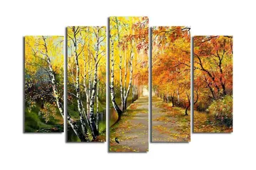 Stort lerretsbilde i 5 deler 105x70 cm - Vakkert høstlandskap med fargerike trær langs en tursti - Gul / Oransje / Grønn - Interiør - Maleri & posters - Lerretsbilder