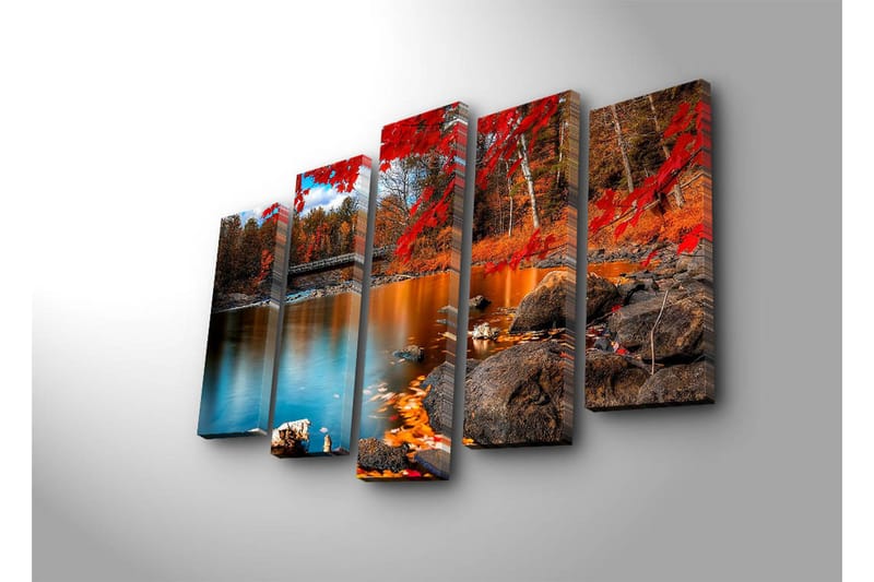 Stort lerretsbilde i 5 deler 105x70 cm - Vakkert høstlandskap med fargerike trær og speilblanke vannflater - Rød / Oransje / Blå - Interiør - Maleri & posters - Lerretsbilder