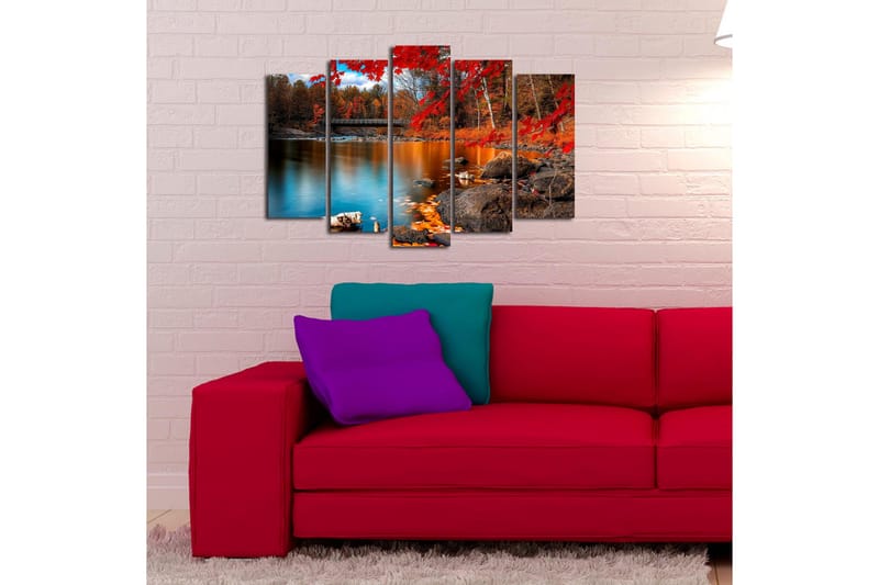 Stort lerretsbilde i 5 deler 105x70 cm - Vakkert høstlandskap med fargerike trær og speilblanke vannflater - Rød / Oransje / Blå - Interiør - Maleri & posters - Lerretsbilder