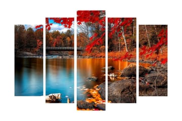 Stort lerretsbilde i 5 deler 105x70 cm - Vakkert høstlandskap med fargerike trær og speilblanke vannflater - Rød / Oransje / Blå - Interiør - Maleri & posters - Lerretsbilder