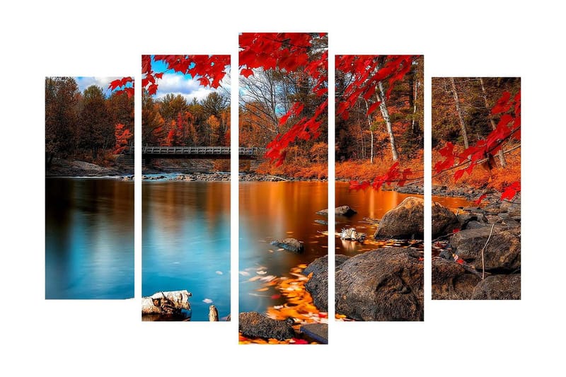 Stort lerretsbilde i 5 deler 105x70 cm - Vakkert høstlandskap med fargerike trær og speilblanke vannflater - Rød / Oransje / Blå - Interiør - Maleri & posters - Lerretsbilder