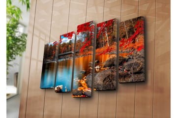 Stort lerretsbilde i 5 deler 105x70 cm - Vakkert høstlandskap med fargerike trær og speilblanke vannflater - Rød / Oransje / Blå - Interiør - Maleri & posters - Lerretsbilder