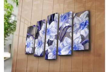 Stort lerretsbilde i 5 deler 105x70 cm - Vakre blomster i blått og hvitt - Blå / Hvit / Lilla - Interiør - Maleri & posters - Lerretsbilder