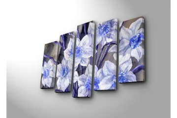 Stort lerretsbilde i 5 deler 105x70 cm - Vakre blomster i blått og hvitt - Blå / Hvit / Lilla - Interiør - Maleri & posters - Lerretsbilder