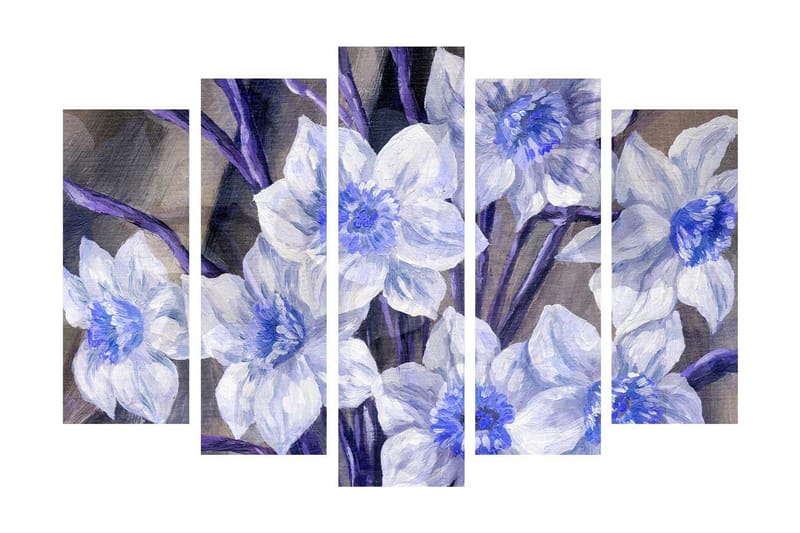Stort lerretsbilde i 5 deler 105x70 cm - Vakre blomster i blått og hvitt - Blå / Hvit / Lilla - Interiør - Maleri & posters - Lerretsbilder