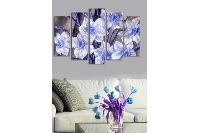 Stort lerretsbilde i 5 deler 105x70 cm - Vakre blomster i blått og hvitt - Blå / Hvit / Lilla - Interiør - Maleri & posters - Lerretsbilder