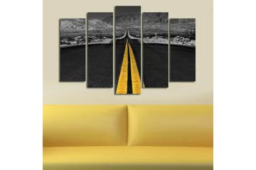 Stort lerretsbilde i 5 deler 105x70 cm - Vei som strekker seg mot horisonten med en gul midtlinje - Svart / Gul - Interiør - Maleri & posters - Lerretsbilder