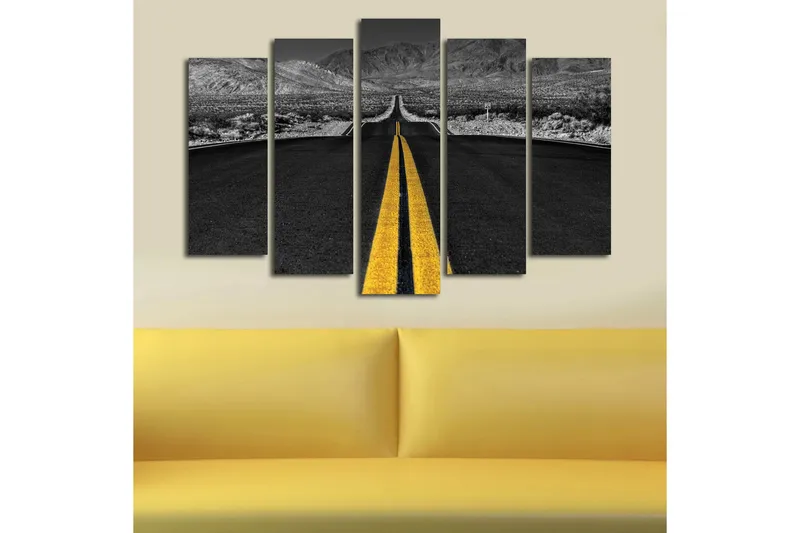 Stort lerretsbilde i 5 deler 105x70 cm - Vei som strekker seg mot horisonten med en gul midtlinje - Svart / Gul - Interiør - Maleri & posters - Lerretsbilder