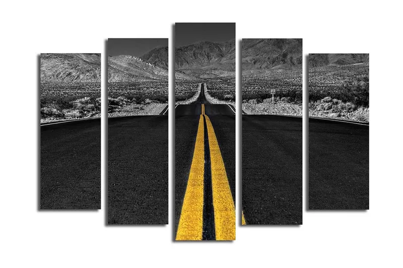 Stort lerretsbilde i 5 deler 105x70 cm - Vei som strekker seg mot horisonten med en gul midtlinje - Svart / Gul - Interiør - Maleri & posters - Lerretsbilder