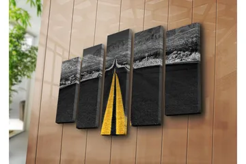 Stort lerretsbilde i 5 deler 105x70 cm - Vei som strekker seg mot horisonten med en gul midtlinje - Svart / Gul - Interiør - Maleri & posters - Lerretsbilder