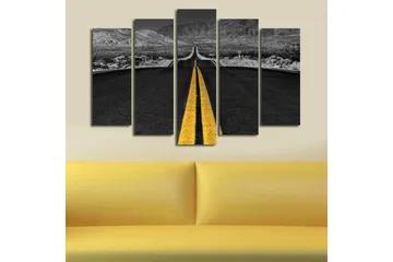 Stort lerretsbilde i 5 deler 105x70 cm - Vei som strekker seg mot horisonten med en gul midtlinje - Svart / Gul - Interiør - Maleri & posters - Lerretsbilder