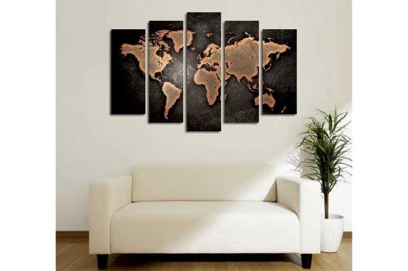 Stort lerretsbilde i 5 deler 105x70 cm - Verdenskart i metallisk stil - Mørk brun / Kobber / Svart - Interiør - Maleri & posters - Lerretsbilder