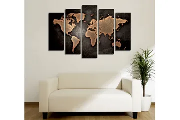 Stort lerretsbilde i 5 deler 105x70 cm - Verdenskart i metallisk stil - Mørk brun / Kobber / Svart - Interiør - Maleri & posters - Lerretsbilder