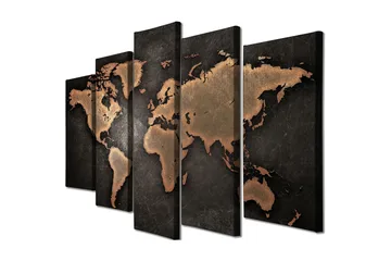 Stort lerretsbilde i 5 deler 105x70 cm - Verdenskart i metallisk stil - Mørk brun / Kobber / Svart - Interiør - Maleri & posters - Lerretsbilder