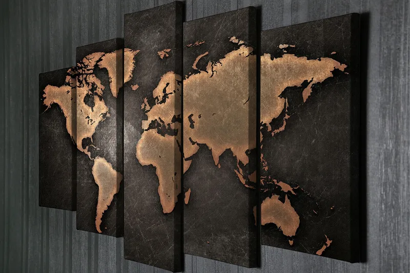 Stort lerretsbilde i 5 deler 105x70 cm - Verdenskart i metallisk stil - Mørk brun / Kobber / Svart - Interiør - Maleri & posters - Lerretsbilder