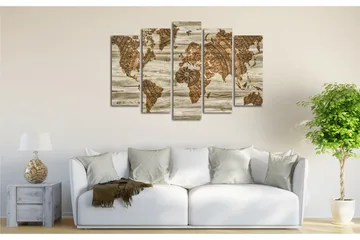 Stort lerretsbilde i 5 deler 105x70 cm - Verdenskart i vintagestil med detaljert kartlegging - Brun / Beige - Interiør - Maleri & posters - Lerretsbilder