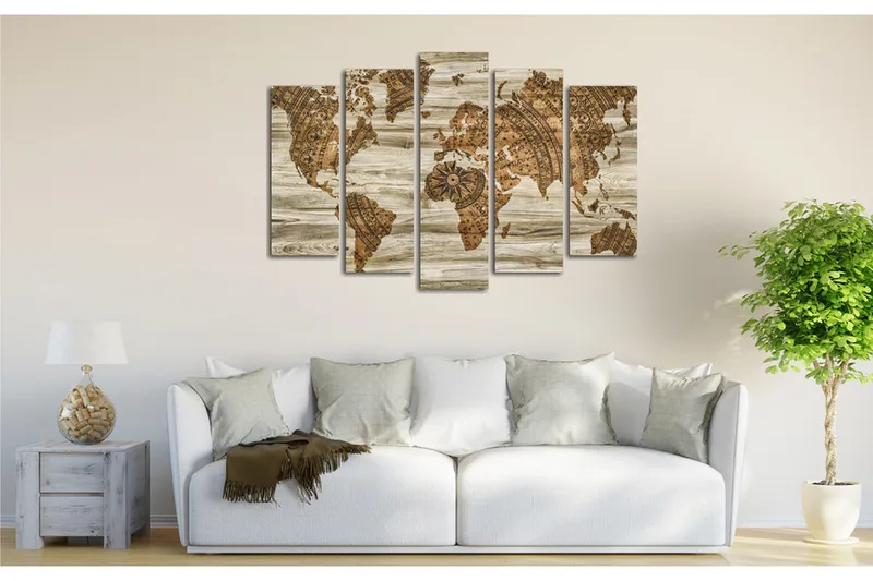 Stort lerretsbilde i 5 deler 105x70 cm - Verdenskart i vintagestil med detaljert kartlegging - Brun / Beige - Interiør - Maleri & posters - Lerretsbilder