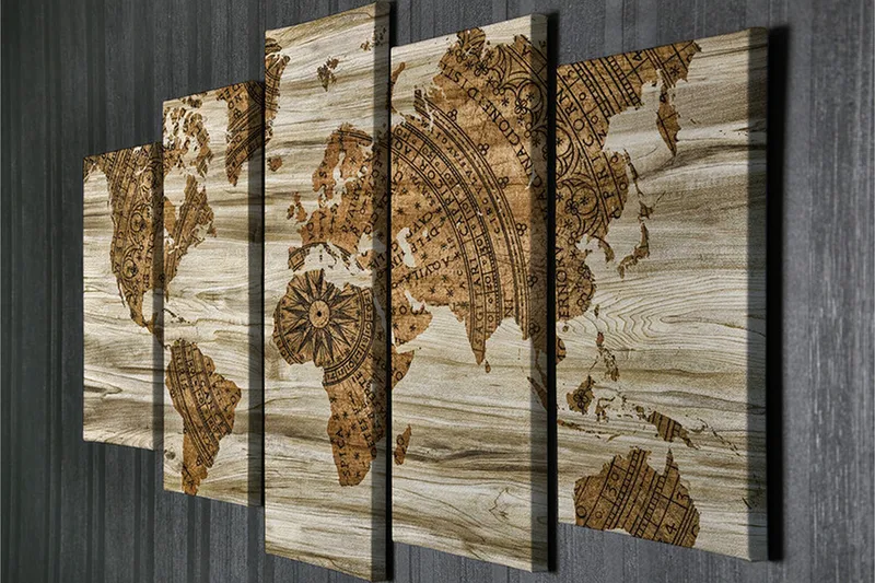 Stort lerretsbilde i 5 deler 105x70 cm - Verdenskart i vintagestil med detaljert kartlegging - Brun / Beige - Interiør - Maleri & posters - Lerretsbilder