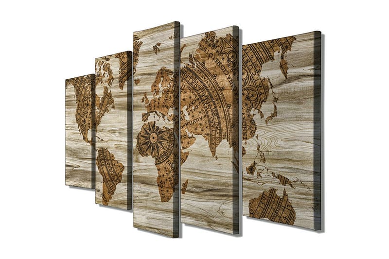 Stort lerretsbilde i 5 deler 105x70 cm - Verdenskart i vintagestil med detaljert kartlegging, Brun / Beige