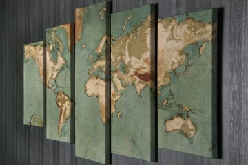 Stort lerretsbilde i 5 deler 105x70 cm - Verdenskart med vintage-inspirert design - Grønn / Beige / Brun - Interiør - Maleri & posters - Lerretsbilder