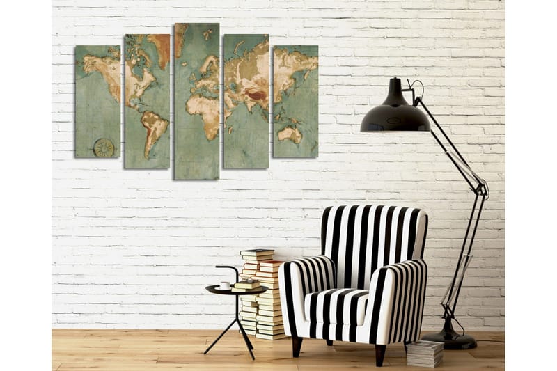 Stort lerretsbilde i 5 deler 105x70 cm - Verdenskart med vintage-inspirert design - Grønn / Beige / Brun - Interiør - Maleri & posters - Lerretsbilder