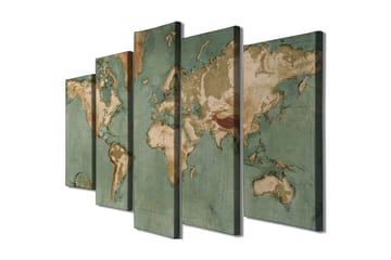 Stort lerretsbilde i 5 deler 105x70 cm - Verdenskart med vintage-inspirert design - Grønn / Beige / Brun - Interiør - Maleri & posters - Lerretsbilder