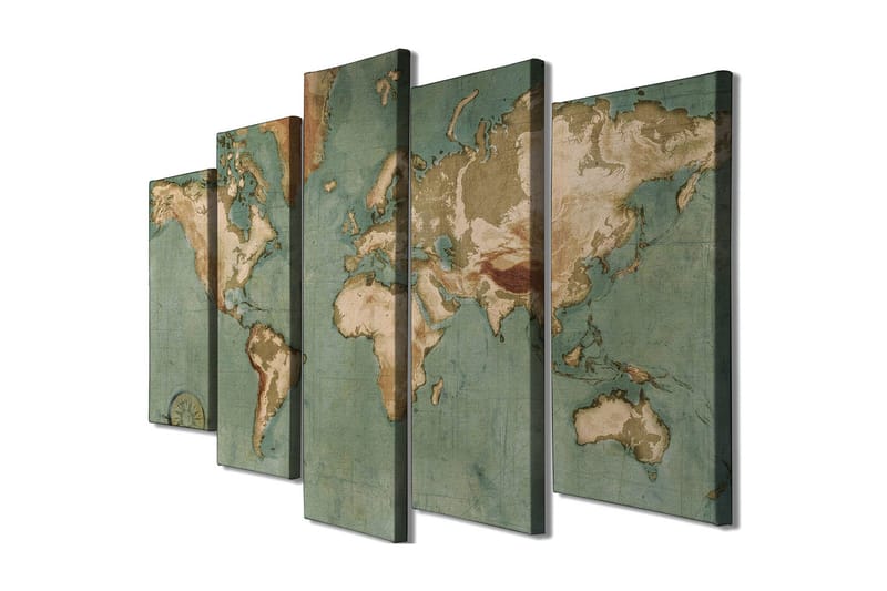 Stort lerretsbilde i 5 deler 105x70 cm - Verdenskart med vintage-inspirert design - Grønn / Beige / Brun - Interiør - Maleri & posters - Lerretsbilder