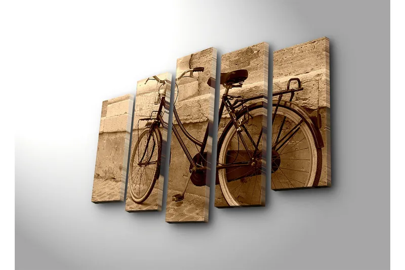 Stort lerretsbilde i 5 deler 105x70 cm - Vintage sykkel lent mot en vegg - Svart / Beige / Brun - Interiør - Maleri & posters - Lerretsbilder
