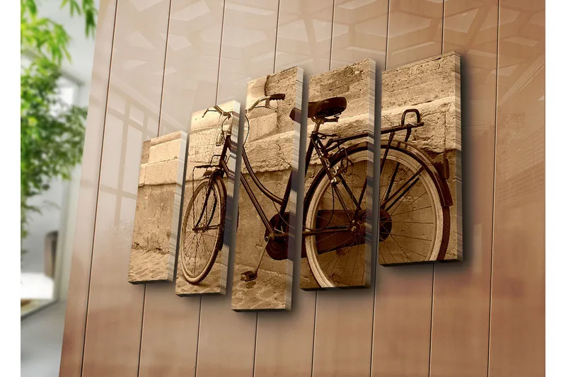 Stort lerretsbilde i 5 deler 105x70 cm - Vintage sykkel lent mot en vegg - Svart / Beige / Brun - Interiør - Maleri & posters - Lerretsbilder
