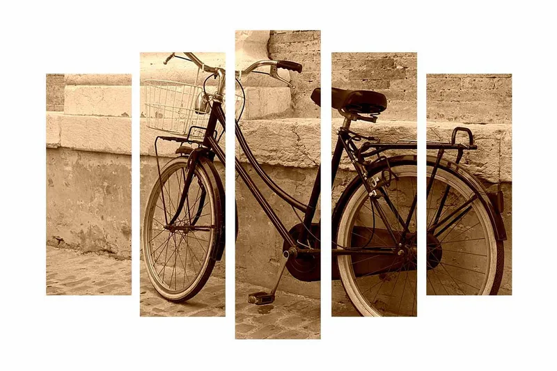 Stort lerretsbilde i 5 deler 105x70 cm - Vintage sykkel lent mot en vegg - Svart / Beige / Brun - Interiør - Maleri & posters - Lerretsbilder