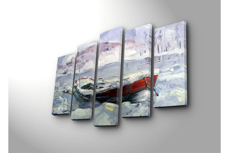 Stort lerretsbilde i 5 deler 105x70 cm - Vinterlandskap med båt i snø og is - Lyseblå / Hvit / Rød - Interiør - Maleri & posters - Lerretsbilder