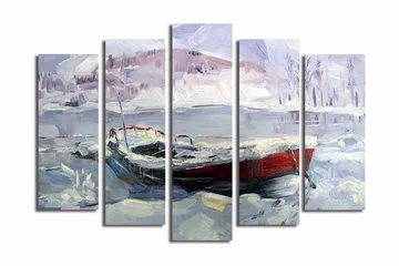 Stort lerretsbilde i 5 deler 105x70 cm - Vinterlandskap med båt i snø og is - Lyseblå / Hvit / Rød - Interiør - Maleri & posters - Lerretsbilder
