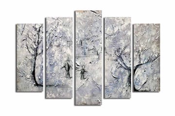 Stort lerretsbilde i 5 deler 105x70 cm - Vinterlandskap med snødekte trær - Hvit / Grå / Svart - Interiør - Maleri & posters - Lerretsbilder