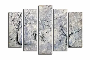 Stort lerretsbilde i 5 deler 105x70 cm - Vinterlandskap med snødekte trær - Hvit / Grå / Svart - Interiør - Maleri & posters - Lerretsbilder