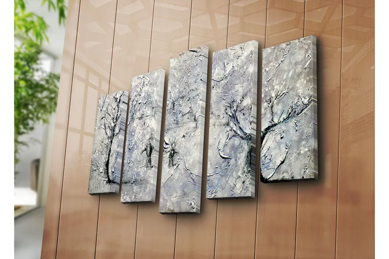 Stort lerretsbilde i 5 deler 105x70 cm - Vinterlandskap med snødekte trær - Hvit / Grå / Svart - Interiør - Maleri & posters - Lerretsbilder