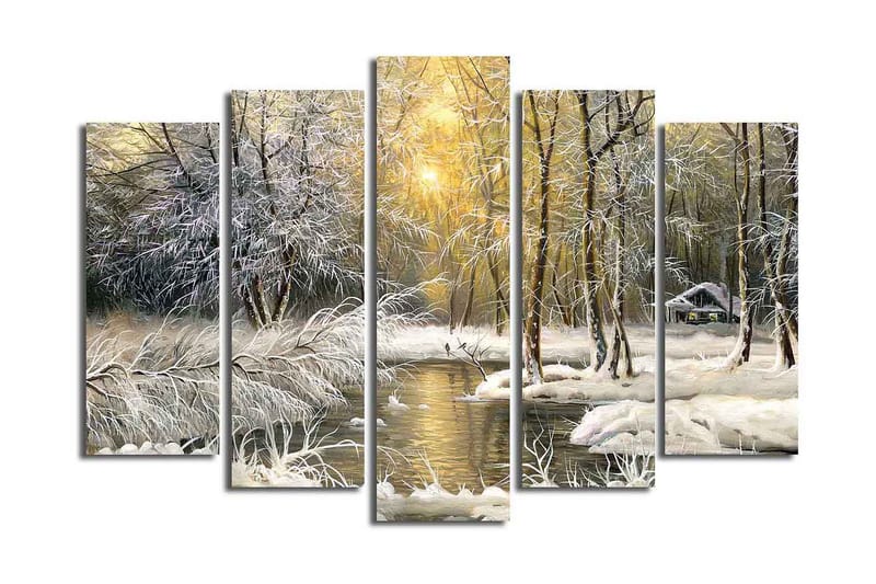 Stort lerretsbilde i 5 deler 105x70 cm - Vinterlandskap med snødekte trær og en speilblank innsjø - Hvit / Lys grønn / Beige - Interiør - Maleri & posters - Lerretsbilder