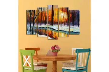 Stort lerretsbilde i 5 deler 105x70 cm - Vinterlandskap med solnedgang og refleksjon i en stille innsjø - Oransje / Svart / Hvit - Interiør - Maleri & posters - Lerretsbilder