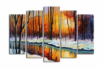 Stort lerretsbilde i 5 deler 105x70 cm - Vinterlandskap med solnedgang og refleksjon i en stille innsjø - Oransje / Svart / Hvit - Interiør - Maleri & posters - Lerretsbilder