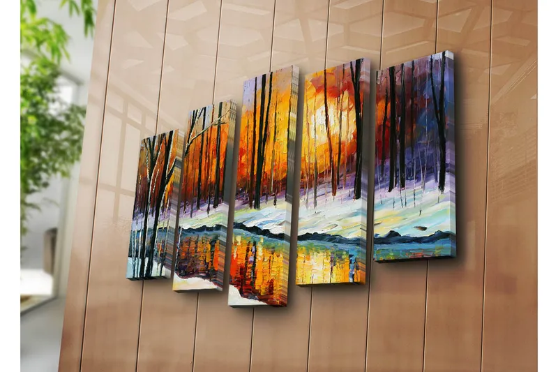 Stort lerretsbilde i 5 deler 105x70 cm - Vinterlandskap med solnedgang og refleksjon i en stille innsjø - Oransje / Svart / Hvit - Interiør - Maleri & posters - Lerretsbilder