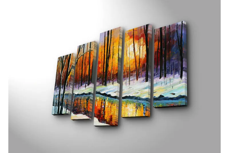 Stort lerretsbilde i 5 deler 105x70 cm - Vinterlandskap med solnedgang og refleksjon i en stille innsjø - Oransje / Svart / Hvit - Interiør - Maleri & posters - Lerretsbilder