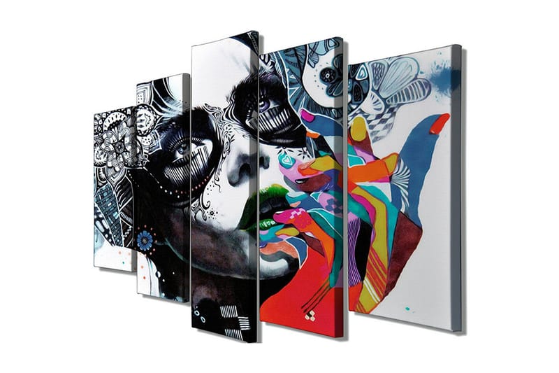 Stort lerretsbilde i 5 deler 105x70 cm - Portrett av en kvinne med fargerik hånd og detaljert ansiktsmaling - Svart / Grønn / Rød - Interiør - Maleri & posters - Lerretsbilder