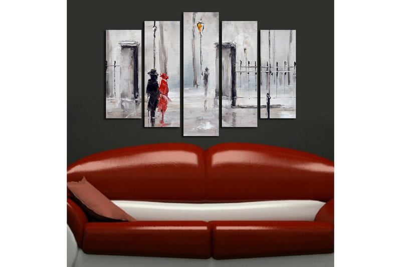Stort lerretsbilde i 5 deler 105x70 cm - Par i regnet med rød kjole og svart dress - Rød / Svart / Grå - Interiør - Maleri & posters - Lerretsbilder