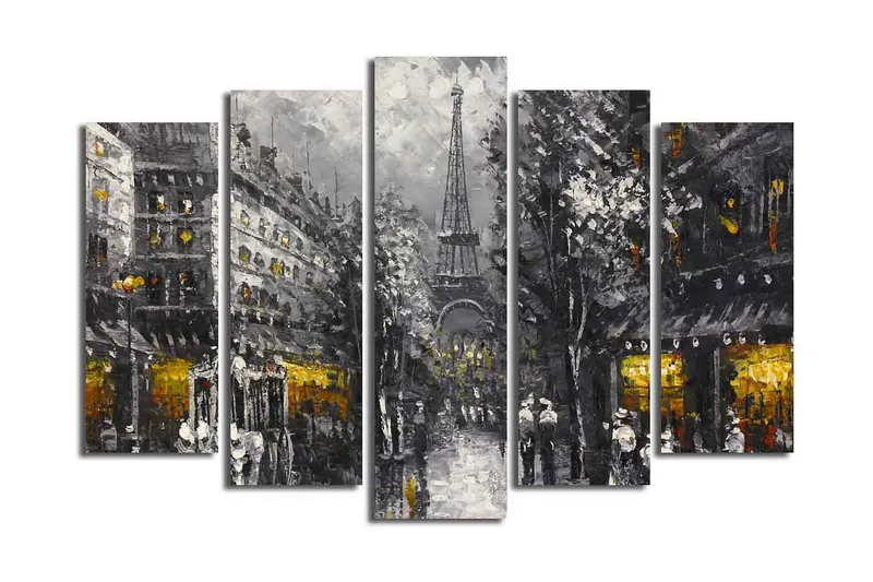 Stort lerretsbilde i 5 deler 105x70 cm - Parisisk bybilde med Eiffeltårnet i skumringen, Grå / Svart / Gull