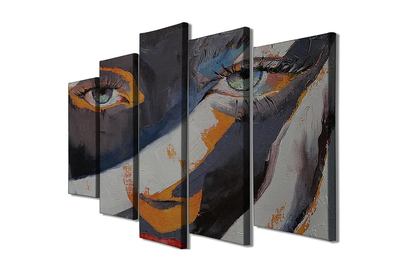 Stort lerretsbilde i 5 deler 105x70 cm - Portrett av en kvinne med uttrykksfulle øyne - Mørk blå / Oransje / Grå - Interiør - Maleri & posters - Lerretsbilder