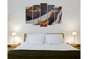 Stort lerretsbilde i 5 deler 105x70 cm - Portrett av en kvinne med uttrykksfulle øyne - Mørk blå / Oransje / Grå - Interiør - Maleri & posters - Lerretsbilder