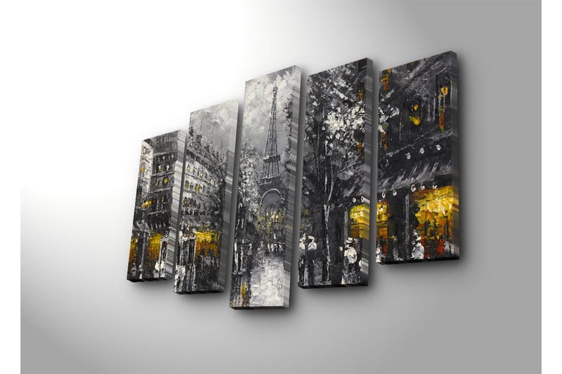 Stort lerretsbilde i 5 deler 105x70 cm - Parisisk bybilde med Eiffeltårnet i skumringen - Grå / Svart / Gull - Interiør - Maleri & posters - Lerretsbilder