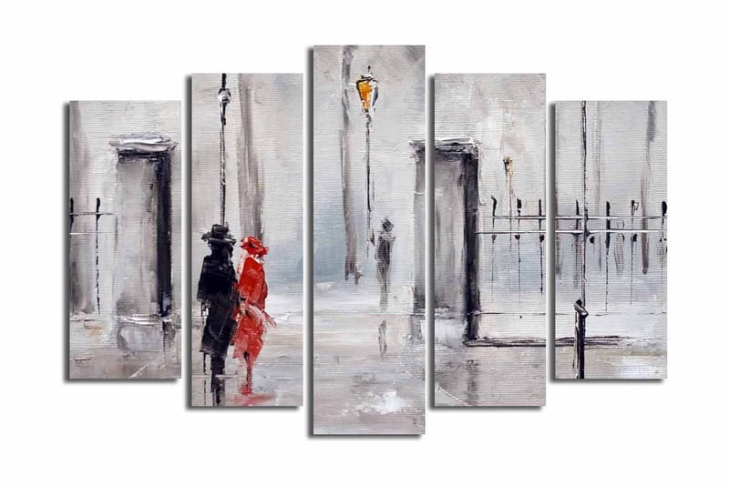 Stort lerretsbilde i 5 deler 105x70 cm - Par i regnet med rød kjole og svart dress - Rød / Svart / Grå - Interiør - Maleri & posters - Lerretsbilder