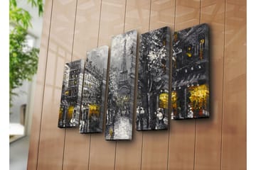 Stort lerretsbilde i 5 deler 105x70 cm - Parisisk bybilde med Eiffeltårnet i skumringen - Grå / Svart / Gull - Interiør - Maleri & posters - Lerretsbilder